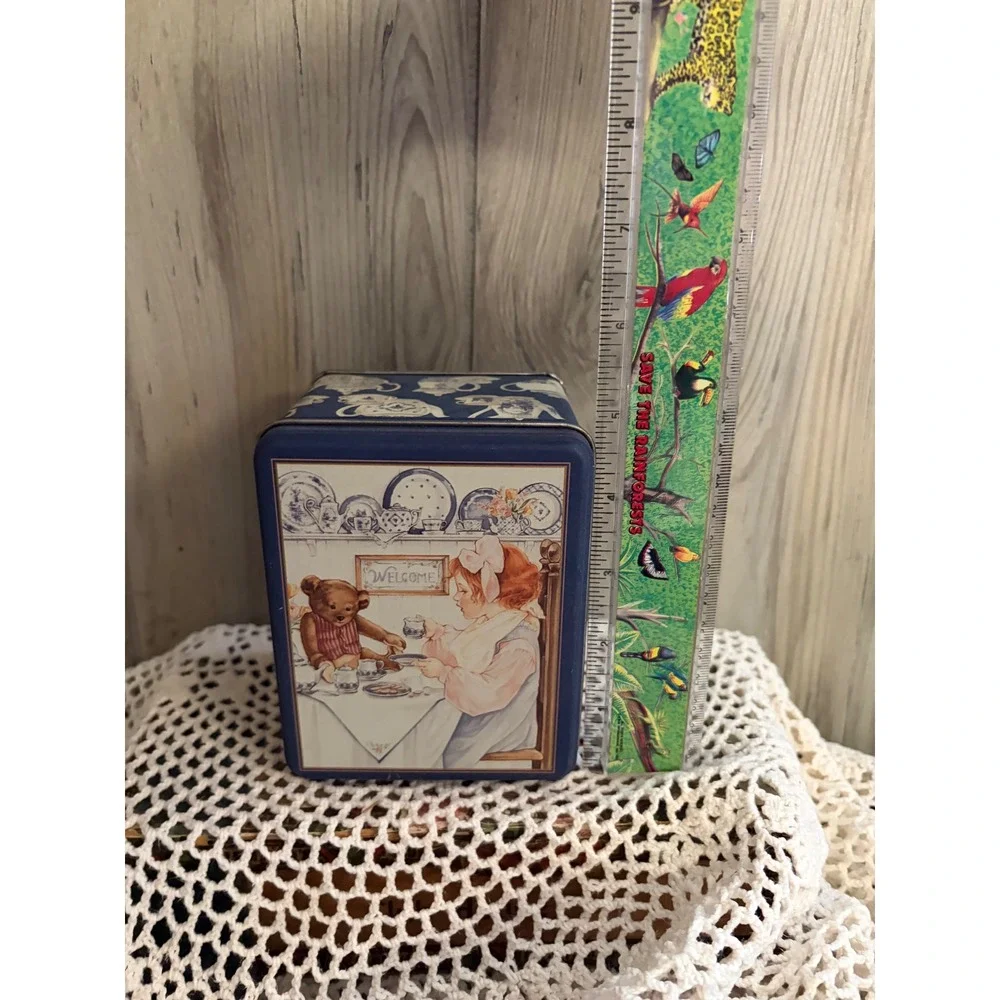 Vintage Tea Party Girl and Teddy Bear Decorative Metal Storage Tin Navy Blue